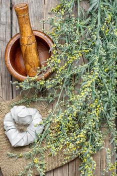 Branch of medicinal sage and mortar with pestle