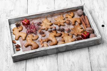 Homemade Christmas cookies holiday symbols in a wooden box