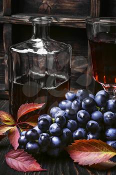 Young red wine in the glass from the autumn harvest of grapes.Dark key