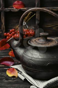 Stylish teapot with tea from medicinal autumn berries tea with viburnum