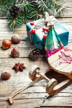 Christmas decoration with sleigh of Santa Claus and gifts