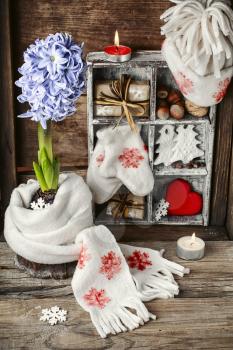 Wooden box with Christmas symbols and blooming hyacinth
