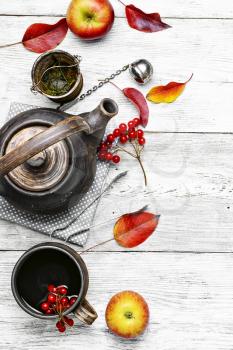 clay kettle with tea with berries on autumn background