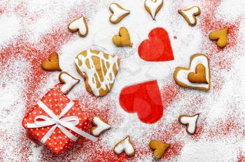 Heart shaped cookies for valentine's day on bright red background