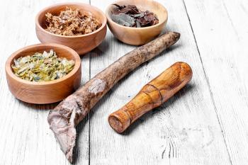 drug collection Linden,hops and oak in wooden mortar