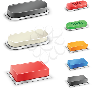 The 3D mega rectangular and oval red, blue, green, black and white buttons on the white background