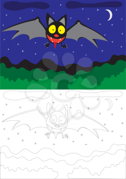 Painting for children a bat, a night landscape