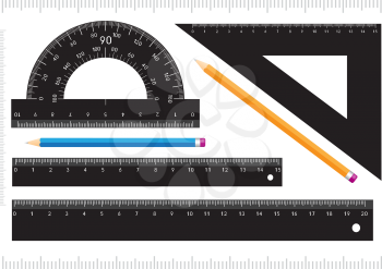Black ruler, measuring scale, protractor and pencil isolated on white background