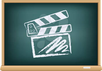 The cinema clapperboard drawn on the blackboard on the white background