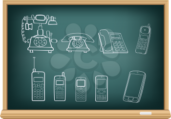 The blackboard with the drawn evolution of phones isolated on a white background