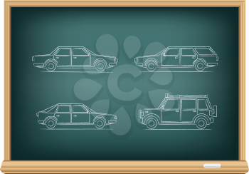 The school blackboard and chalk drawn types of cars