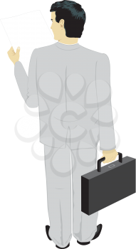 The reading businessman, the rear view, on white background