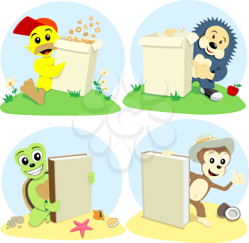 The cartoon animals represent book and paper box for cornflake