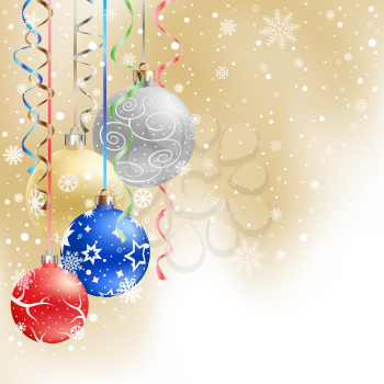 The multicolored christmas mesh baubles and ribbons on the light mesh background