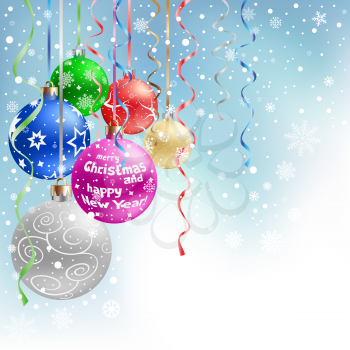 The multicolored christmas mesh baubles and ribbons on the blue mesh background