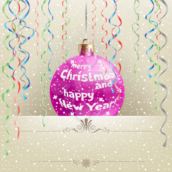 Christmas card with hanging bauble and ribbons on the light snow mesh background