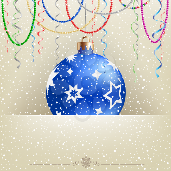 Christmas mesh card and bauble on the light snow winter background