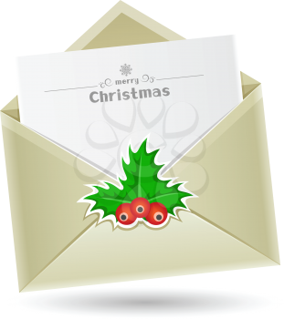 The Christmas mail, open envelope with a sheet of paper inside isolated on the white background