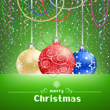The Christmas green mesh card with baubles, ribbons, beads and snow around