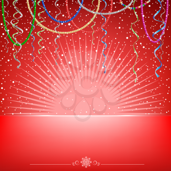 The Christmas card with beams, ribbons, beads and snow on the red mesh background