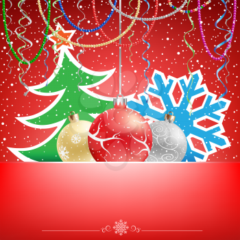 The Christmas card with ribbons, baeds, bauble, fir-tree, snowflake, on the red mesh background