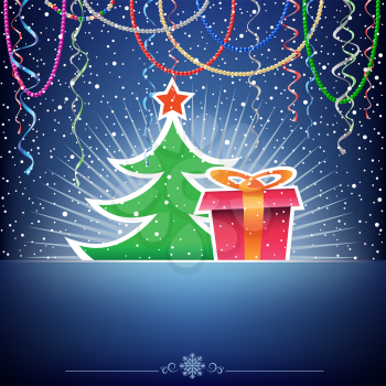 The Christmas tree and present on the blue mesh background
