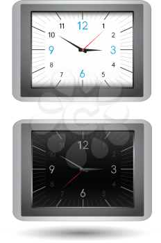 The modern office clocks, black and white dial, isolated on the white background