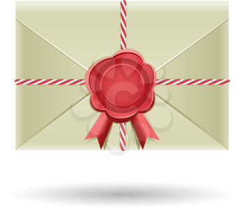 The closed envelope, with red seal and wrapped cord, rear view isolated on the white background