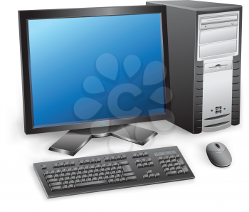 The modern desktop black computer with monitor, keyboard and mouse on the white background
