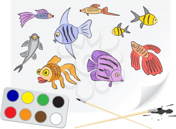 Children drawing the aquarium fishes a brush paints on a paper