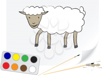 The sheep is drawn on a paper by a brush
