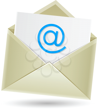 The mail, open envelope with a sheet of paper inside and e-mail symbol isolated on the white background