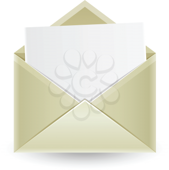 The mail, open envelope with a white sheet of paper inside isolated on the white background