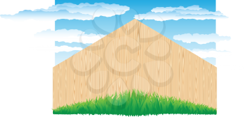 The wood fence and the green grass on blue sky background