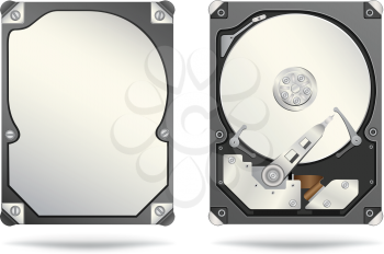The opened and closed hard drive isolated on the white background