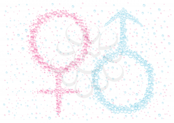 Man's and female symbol on the white drops background