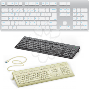 The modern black and retro white computer keyboard with buttons and alphabet on the white background