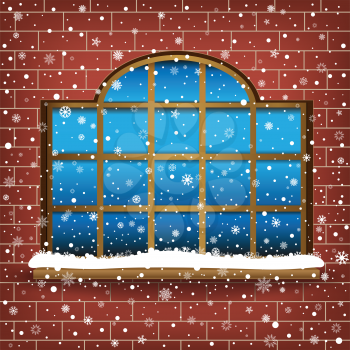 The large wooden window and falling snow, winter theme.