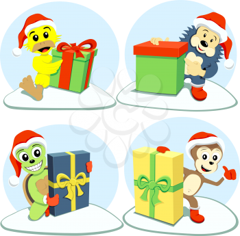 The happy cartoon animals holding different Christmas gifts