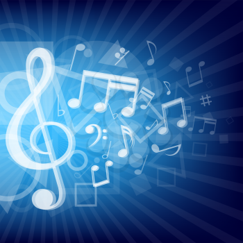The modern abstract music notes and geometrical shapes blue background