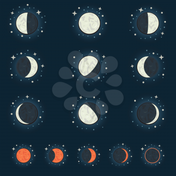 All possible phases of the moon and the lunar eclipse, on a dark star background