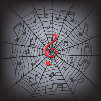 black music notes and red clef on the center in the spider web