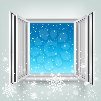 The opened plastic window and falling snow, winter theme.