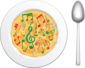 Our food are music, musical soup in the plate on the white background