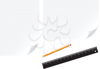 Paper, pencil and ruler isolated on the white background
