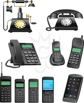 The collection which shows evolution of phones isolated on a white background