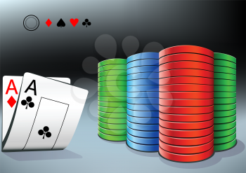 poker stack and two aces on the dark background