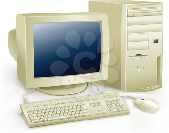 The retro desktop white computer with monitor, keyboard and mouse on the white background