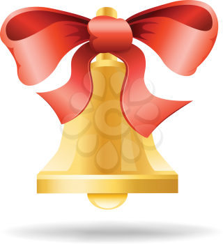 The handbell tied a red ribbon on the white background