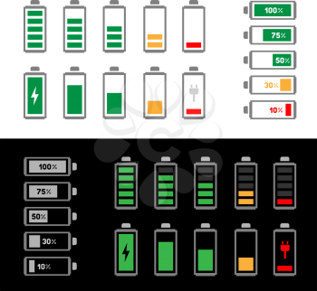 The simle battery icon set isolated on the white and black background